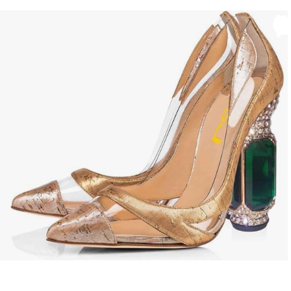 FSJ Nude Transparent Pointed Toe High Heel Crystal Pumps Slip on Wedding Shoes
